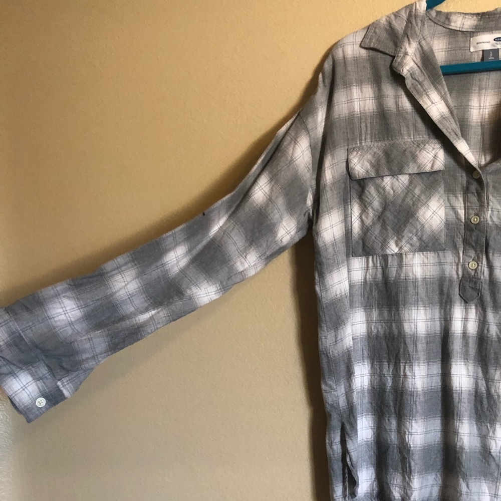 Grey plaid tunic, half button down TALL LENGTH